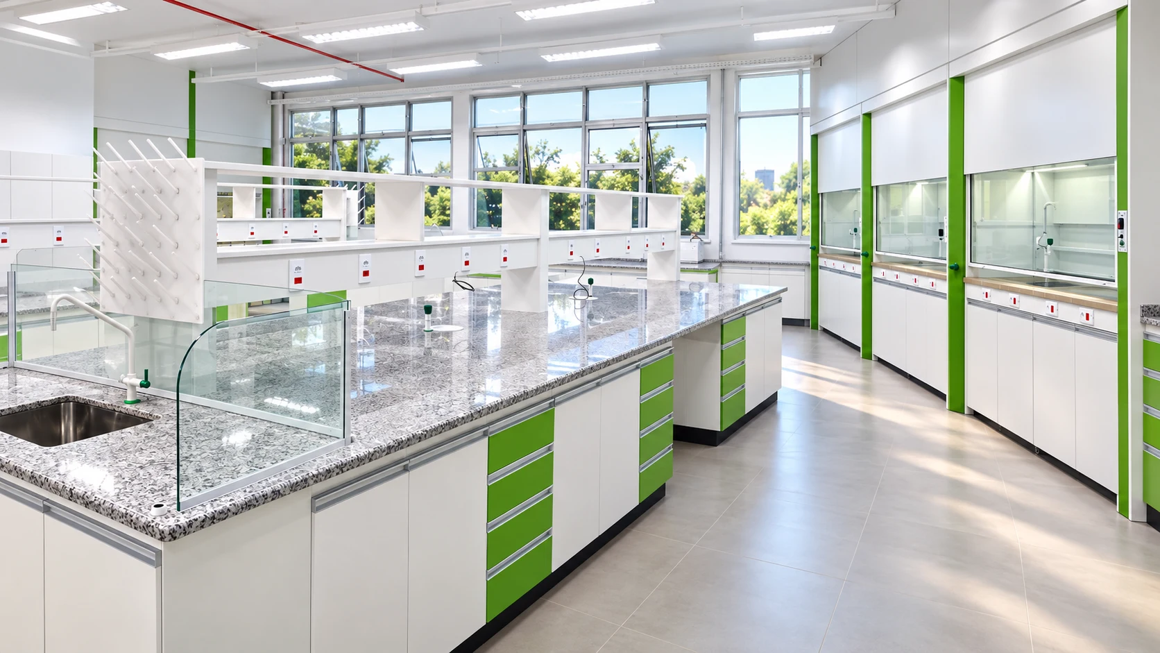 Laboratório moderno com bancadas técnicas e sistema de exaustão